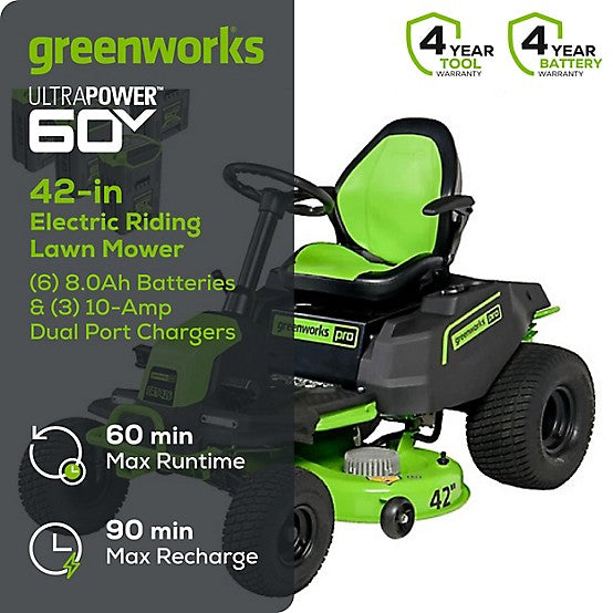 Greenworks CrossoverT 42 in. 60V Cordless Electric Riding Lawn Mower, Battery and Charger Included