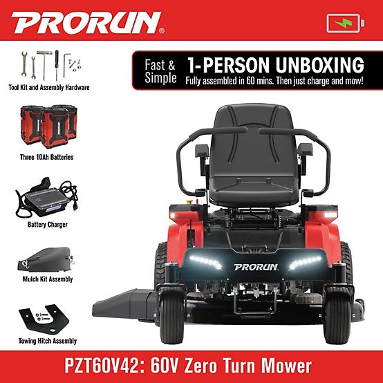 PRORUN 60V 42-in. Zero-Turn Riding Lawn Mower with 10.0 Ah Batteries (3), Charger, Mulch Kit, and Towing Kit