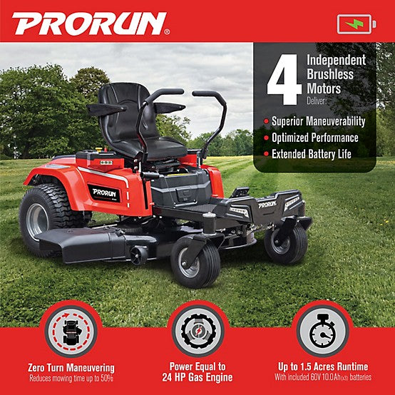 PRORUN 60V 42-in. Zero-Turn Riding Lawn Mower with 10.0 Ah Batteries (3), Charger, Mulch Kit, and Towing Kit