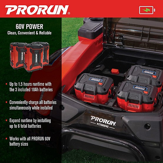 PRORUN 60V 42-in. Zero-Turn Riding Lawn Mower with 10.0 Ah Batteries (3), Charger, Mulch Kit, and Towing Kit