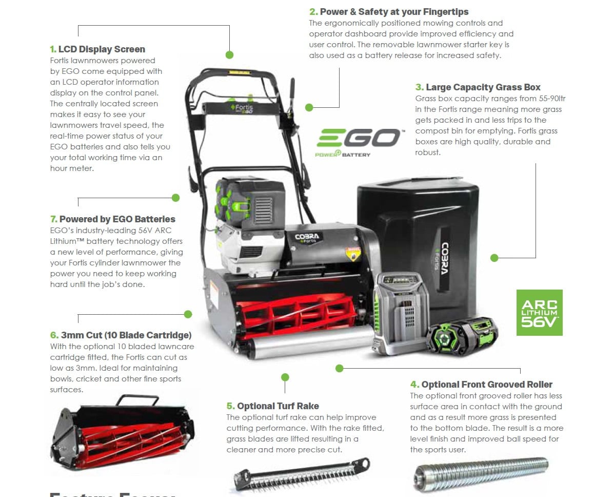 Cobra Fortis 20FTE - 20" EGO cordless powered Fine Turf cylinder mower box ready for a tournament ready cut.