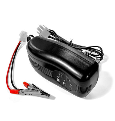 Cobra tractor 12volt Black battery charger with clamps on a white background