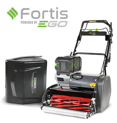 Image of Fortis Mower and battery pack with Fortis and EGO branding on a white background