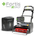 Image of Fortis Mower and battery pack with Fortis and EGO branding on a white background