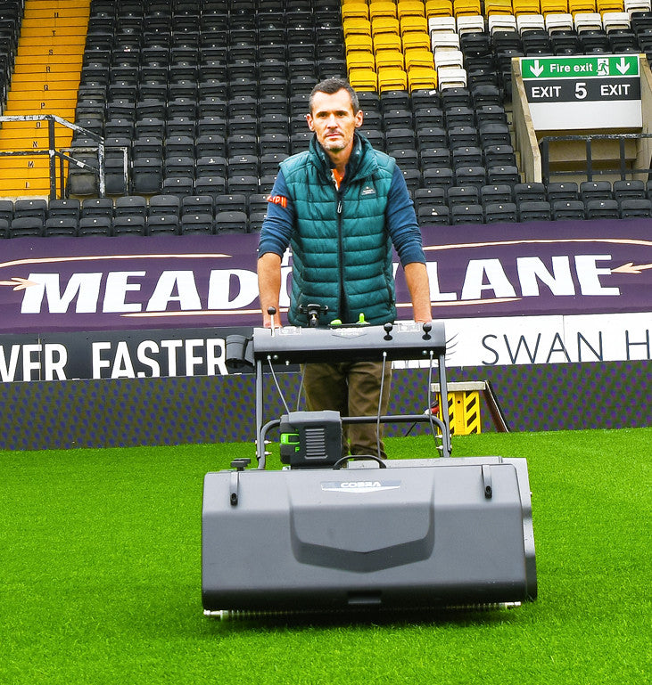 Cobra Fortis Stadium 34' EGO Powered being used in a stadium, viewed from the front.