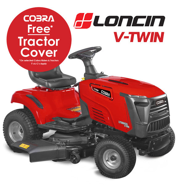Red cobra lawn tractor with Cobra and Loncin branding on a white background