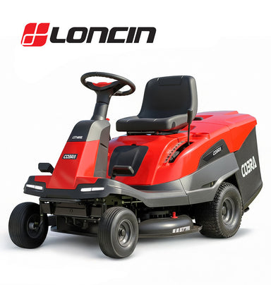 Red and gray Cobra ride on lawn mower on a white background