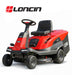 Red and gray Cobra ride on lawn mower on a white background