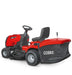 Red and black Cobra ride on lawn mower from the back quarter on a white background