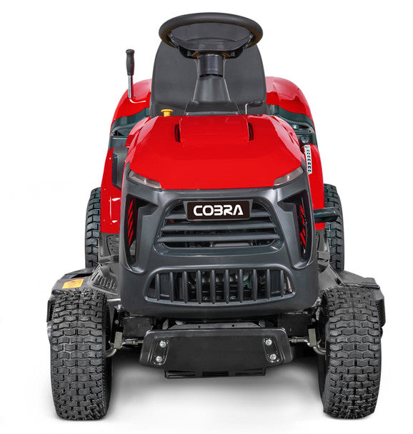 Red Cobra ride on lawn mower on a white background