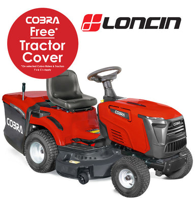 Red and gray Cobra tractor with Loncin branding and promotional text on a white background