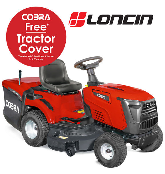 Red and gray Cobra tractor with Loncin branding and promotional text on a white background