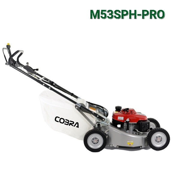Cobra M53SPH-PRO push along mower viewed from the right hand side.