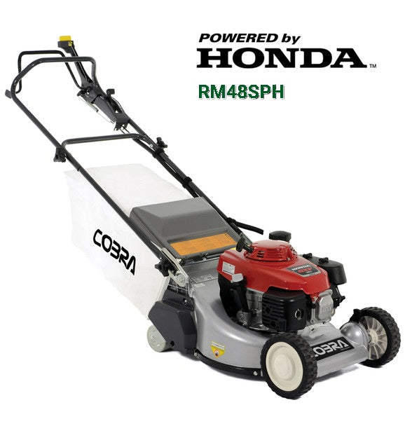 Cobra RM48SPH walk behind lawnmower with Honda engine on a white background