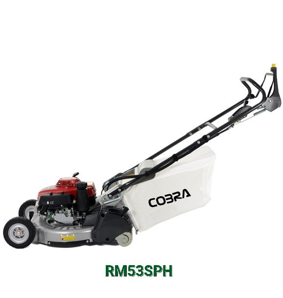 Cobra RM53SPH lawn mower viewed from the left hand side on a white background
