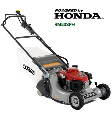 Honda-powered Cobra RM53SPH walk behind lawn mower on a white background