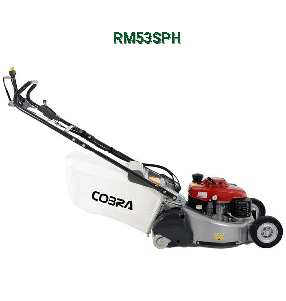  Cobra lawn mower with 'RM53SPH' right hand side with model numberon displayed on a white background