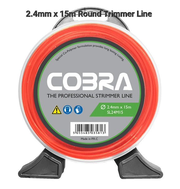 Cobra brand round trimmer line on a reel with specifications.