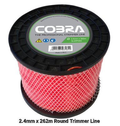Spool of round  2.4mm Cobra trimmer line on a 262m reel against a white background