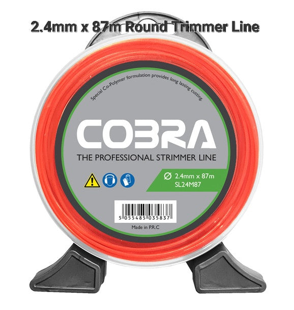 Cobra brand 2.4mm round trimmer line on a 87m reel with specifications.