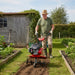 Cobra T40B being pushed by an older gardener in an allotment.