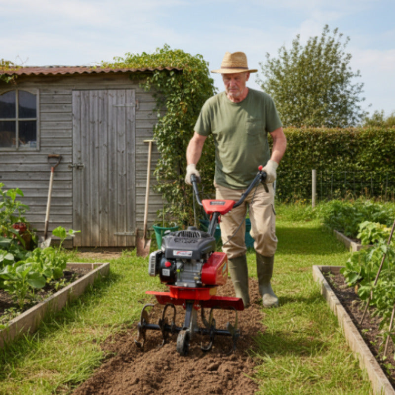 Cobra T40B being pushed by an older gardener in an allotment.