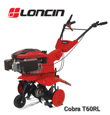 A red and black LONCIN Cobra T60RL walk-behind tillage machine shown on a white background with the LONCIN logo in the top left and model text in the bottom right.