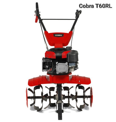 Cobra T60RL red and black walk-behind tillage machine with a three-tine plow attachment, shown from the front on a white background.