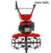 Cobra T60RL red and black walk-behind tillage machine with a three-tine plow attachment, shown from the front on a white background.