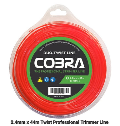 Red 2.4mm duo twist trimmer line on a 44m spool with Cobra branding on a white background