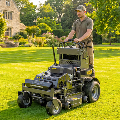 Man on a Cobra ZTS32L in a garden 