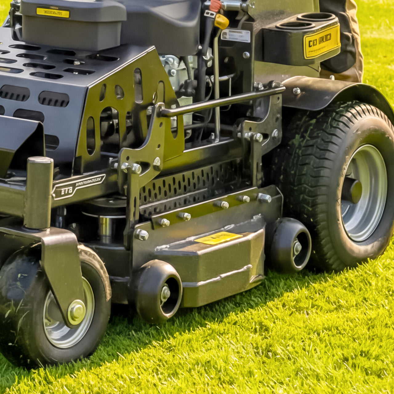 Close-up of a  cobra stand on lawn mower on grass
