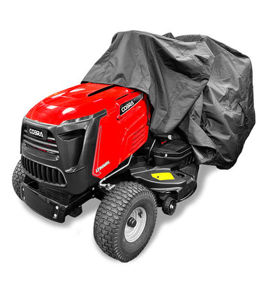 Red cobra collector lawn mower with a black cover on a white background
