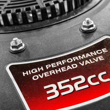 Close-up of a high-performance engine component with '352cc' and 'High Performance Overhead Valve' text.