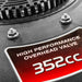 Close-up of a high-performance engine component with '352cc' and 'High Performance Overhead Valve' text.