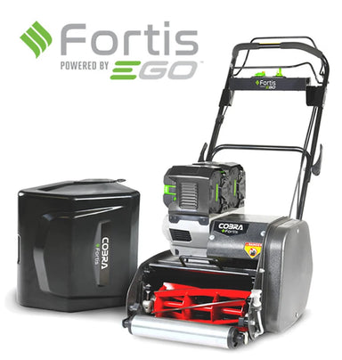 Cobra Fortis 14' EGO Powered main image, viewed from the front left quarter with grass box behind