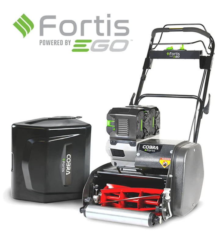 Cobra Fortis 14' EGO Powered main image, viewed from the front left quarter with grass box behind