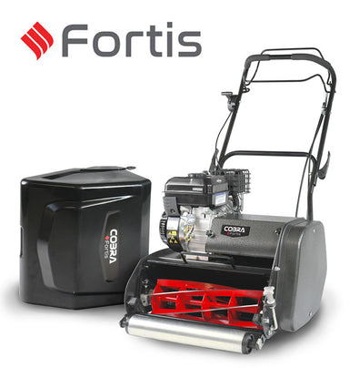 Image of Cobra Fortis 17b with grass box behind and Fortis logo on a white background