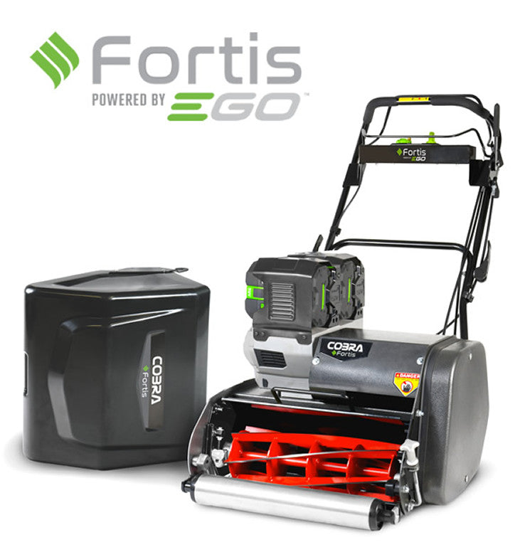 image of  cobra Fortis 17e with grass box behind against white background with fortis ego logo in the background