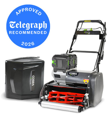 Cobra Fortis 17E lawn mower with battery pack on a white background, featuring a 'Telegraph Recommended 2026' badge.