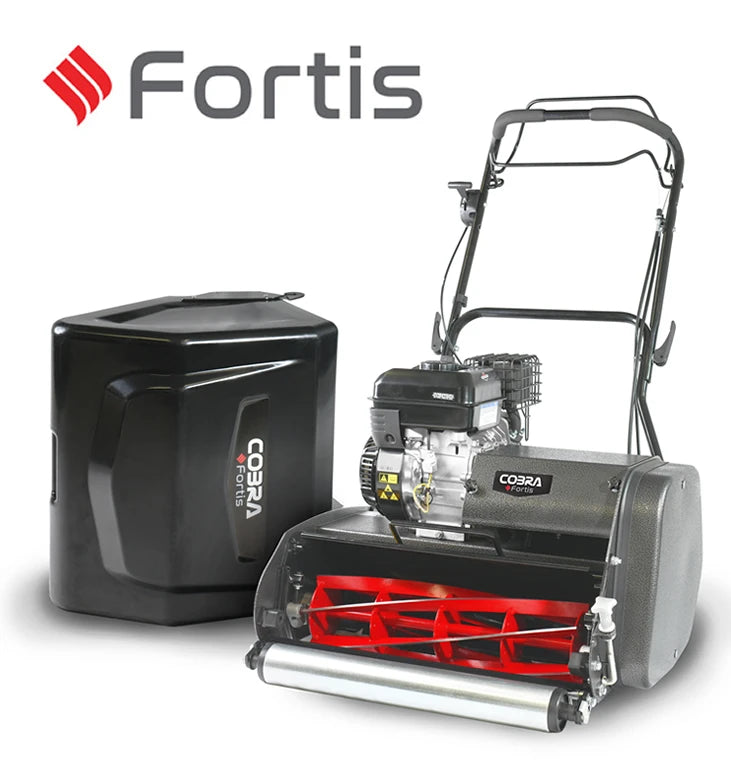 Image of Cobra Fortis 20B with grass box behind and 'Fortis' branding on a white background
