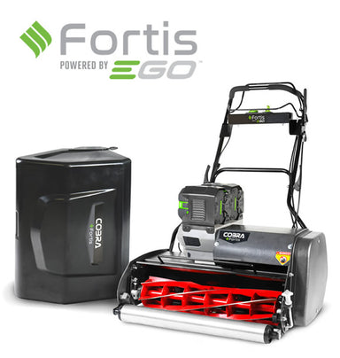 Image of Cobra Fortis 25E lawn mower with battery and  Fortis logo on a white background