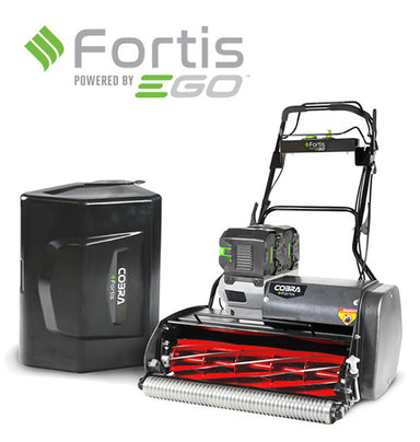 Cobra Fortis 25FTE mower with battery pack and Fortis branding on a white background
