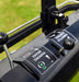 Cobra Fortis Stadium 34'. Close up of Control throttle and brake levers, with grass in the background