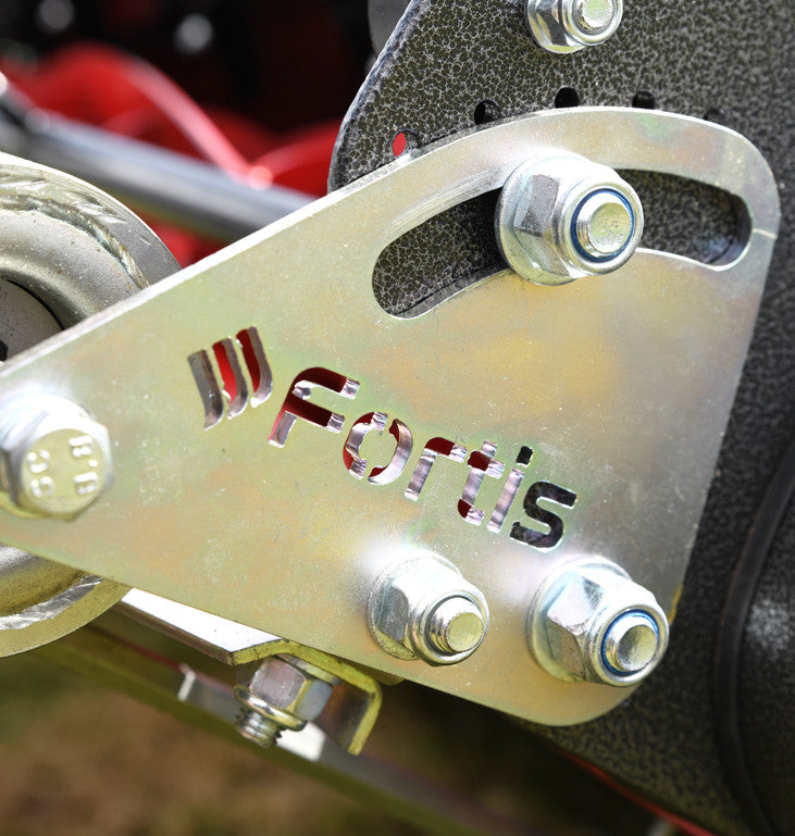 Obra Fortis stadium e4'. Close up of Roller attachment bracket with Fortis logo.