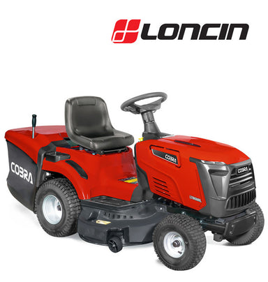Red cobra ride on lawn tractor with 'Loncin' branding on a white background