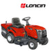 Red cobra ride on lawn tractor with 'Loncin' branding on a white background
