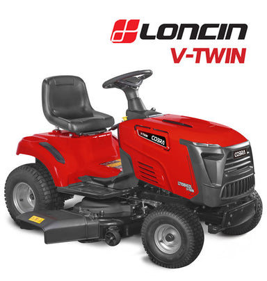 Red cobra ride on loncin V-Twin lawn tractor on a white background