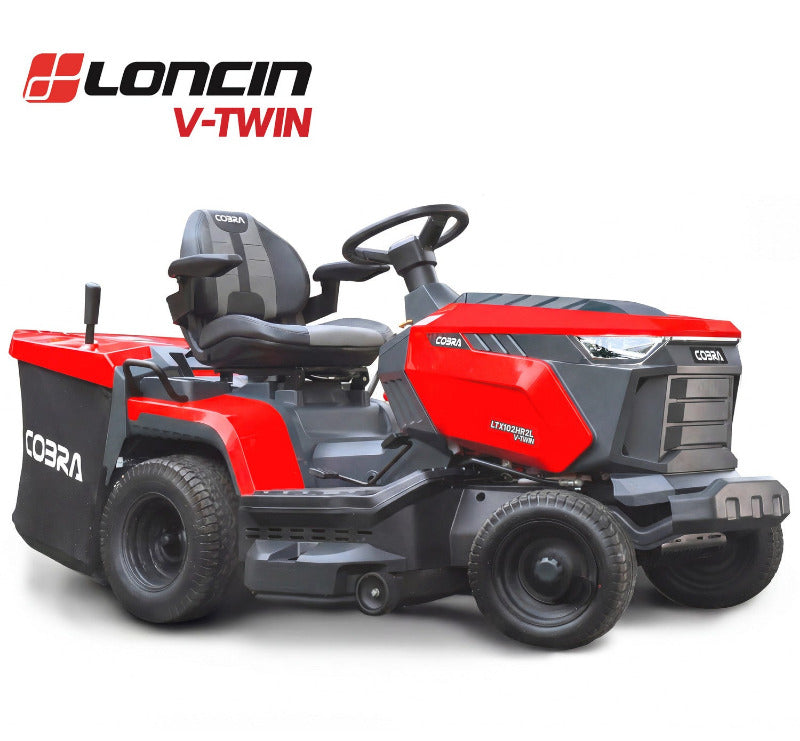 Cobra premium lawn tractor in red and black against a white background 