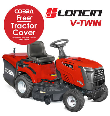 Cobra v-twin ride on lawn tractor with Cobra and Loncin branding on a white background